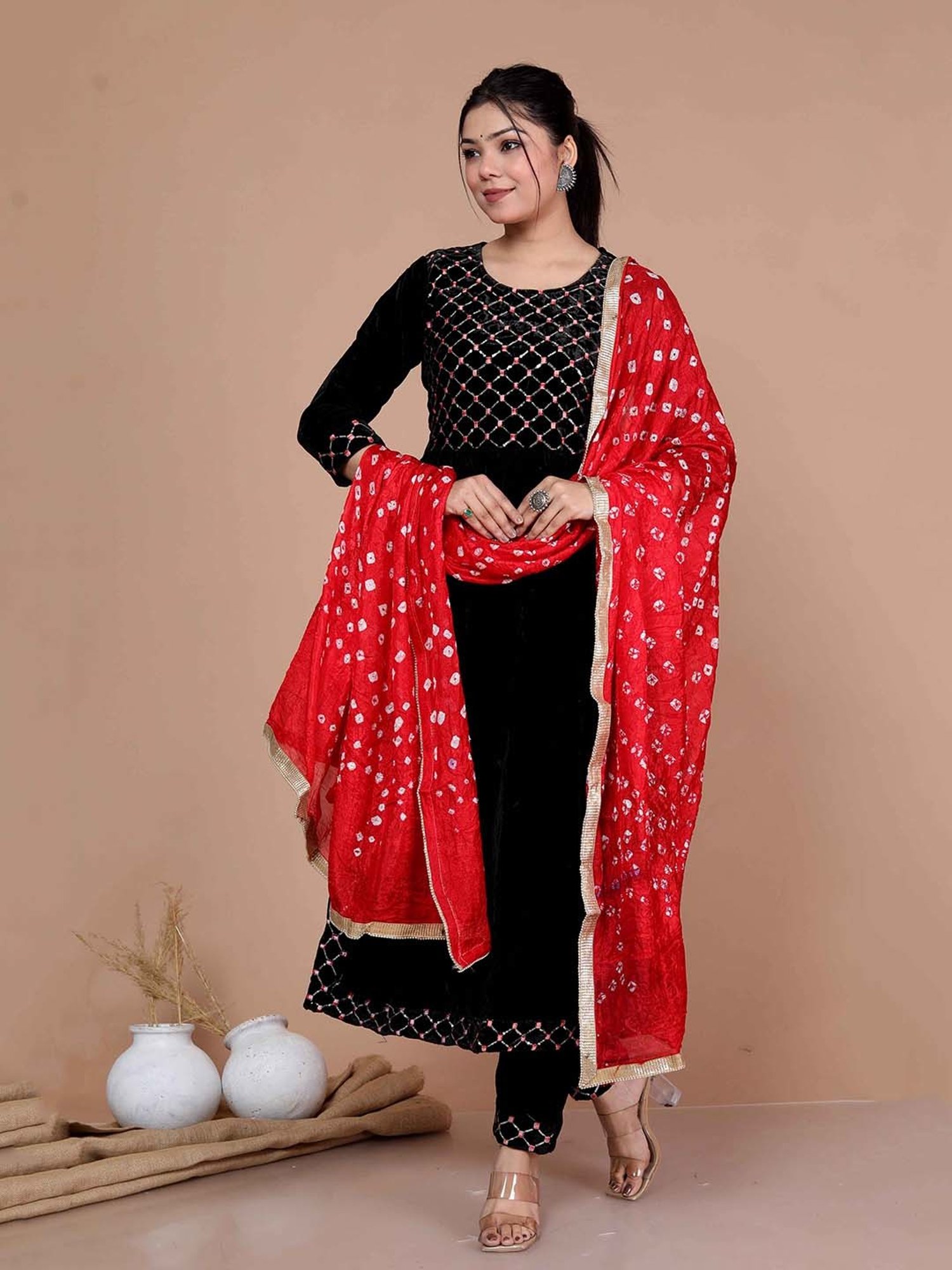 Miravan Black Embroidered Kurta With Palazzo & Dupatta