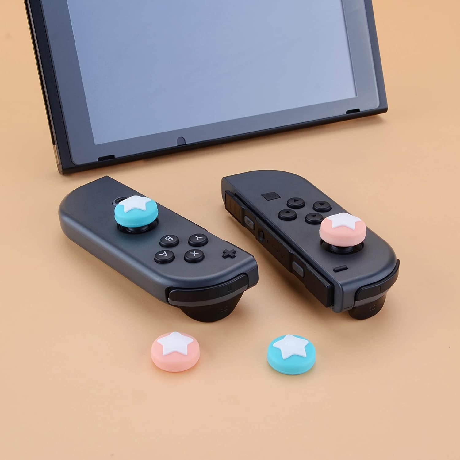 eXtremeRate PlayVital Star Design Cute Switch Thumb Grip Caps, Mandys Pink & Bondi Blue Joystick Caps for Nintendo Switch Lite, Silicone Analog Cover Thumb Stick Grips for Joy-Con Controller