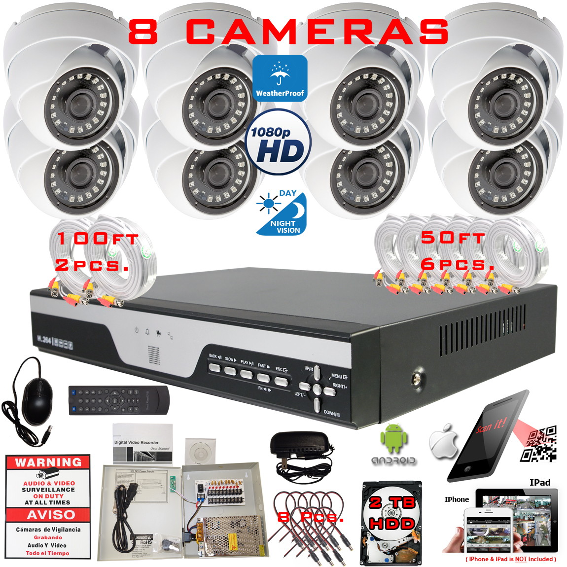 Evertech 8 Channel Surveillance System 2TB Hard Drive 1080p Wide Angle Indoor Outdoor Dome Cameras