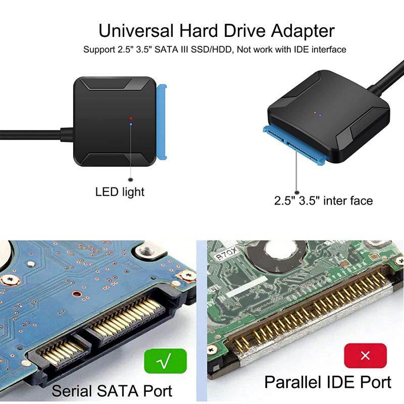 USB 3.0 to SATA Adapter Cable for 2.5" 3.5" SSD/HDD Drives, SATA to USB 3.0 External Converter 22 pin Hard Drive Connector