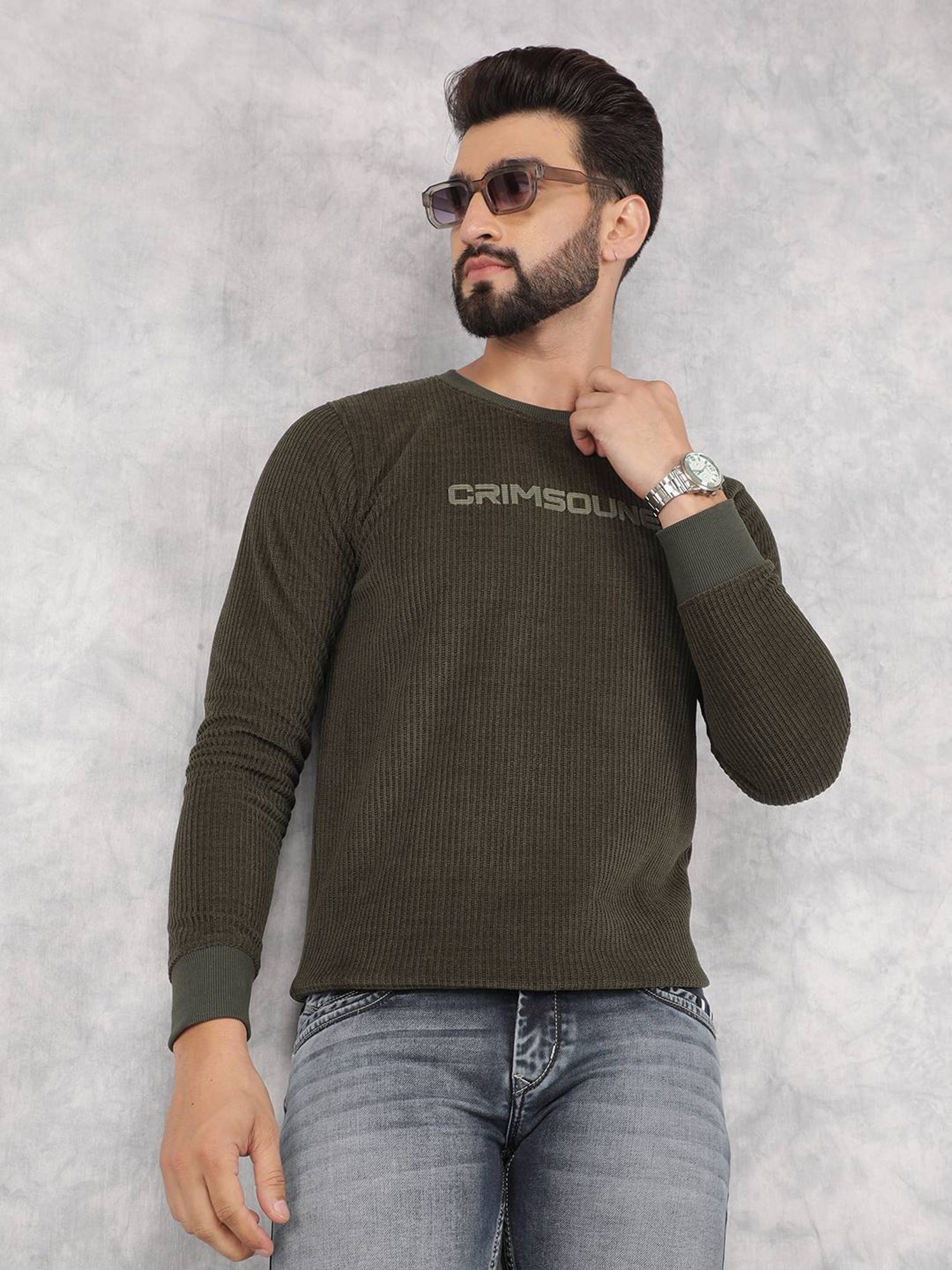 Crimsoune Club Olive Regular Fit Logo Printed Sweatshirt