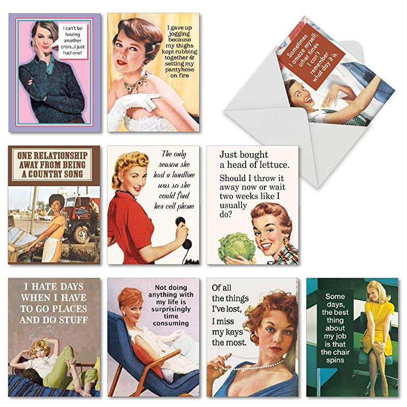 Funny &lsquo;Hot Mess&rsquo; Birthday Notecards w/ Envelope - Assorted Greeting Cards Featuring Hilarious Quotes About Forgetting and Losing Things, Great for Sisters, Mothers, Friends 4 x 5.12 Inch M6622BDG