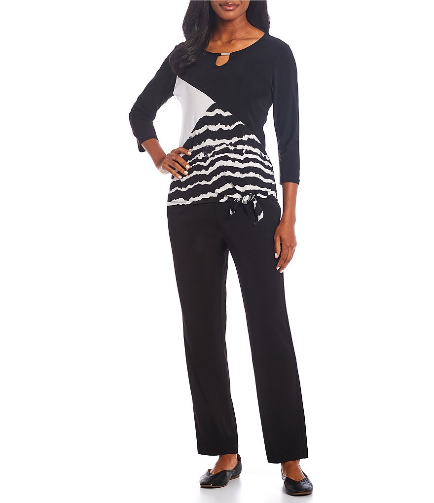 Calessa Petite Size Matte Jersey Knit Button Front Roll Tab Blouse