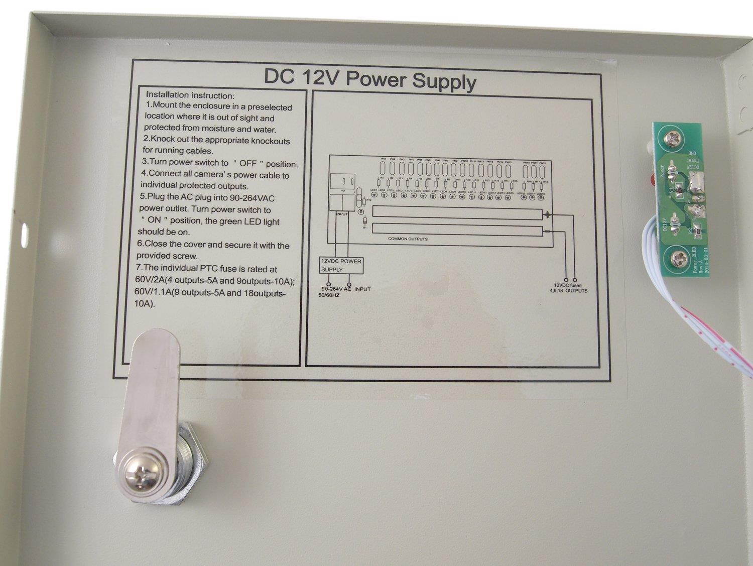 Evertech 2 Pcs.18 Channel 10 AMP PTC Fuse 12V DC Power Supply Box + 36 Pcs DC Jack 5.5 mm x 2.1 mm Male End Power Cable with Lead End Pigtail for Security Surveillance System