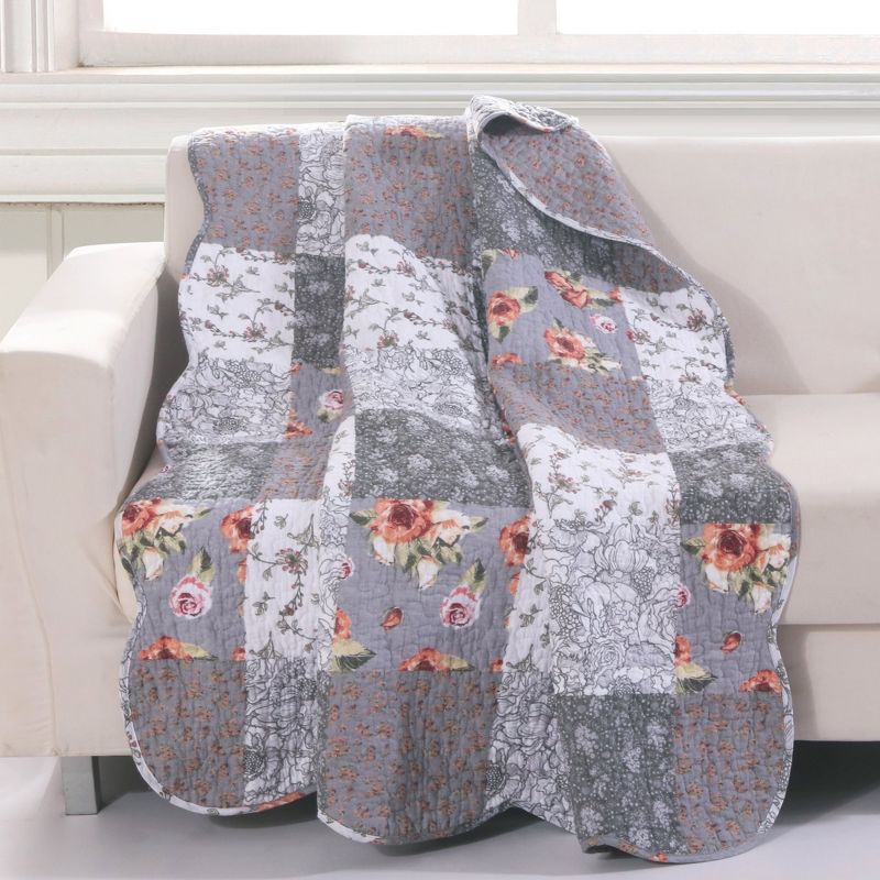 Greenland Home Fashion Barefoot Bungalow Giulia Fabulous Floral & Stencil Prints Fashionable Accessory Quilted Throw Blanket - 50"x60" in Gray Color