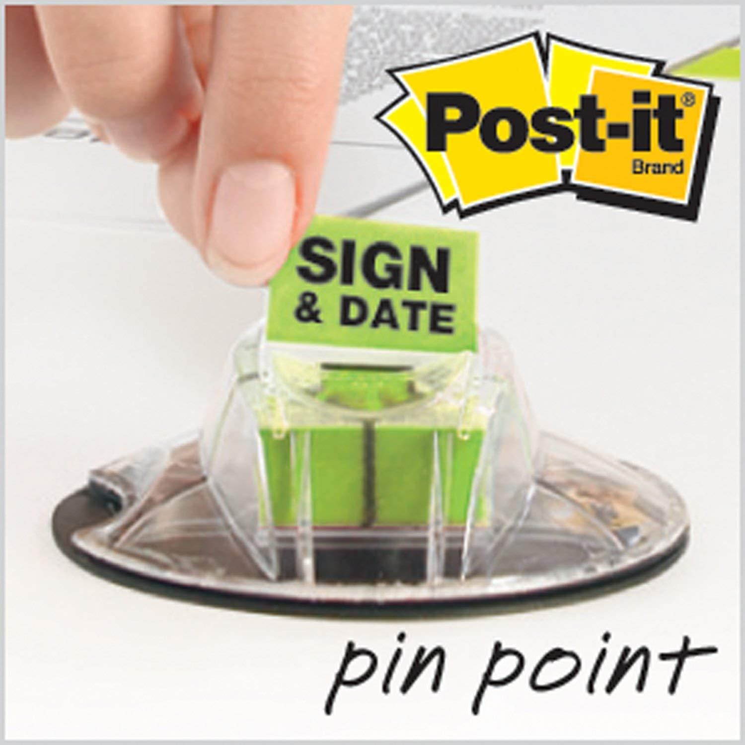 Post-it Message Flags,"Sign and Date", Bright Green, 1-Inch Wide, 200/Desk Grip Dispenser, 1-Dispenser/Pack