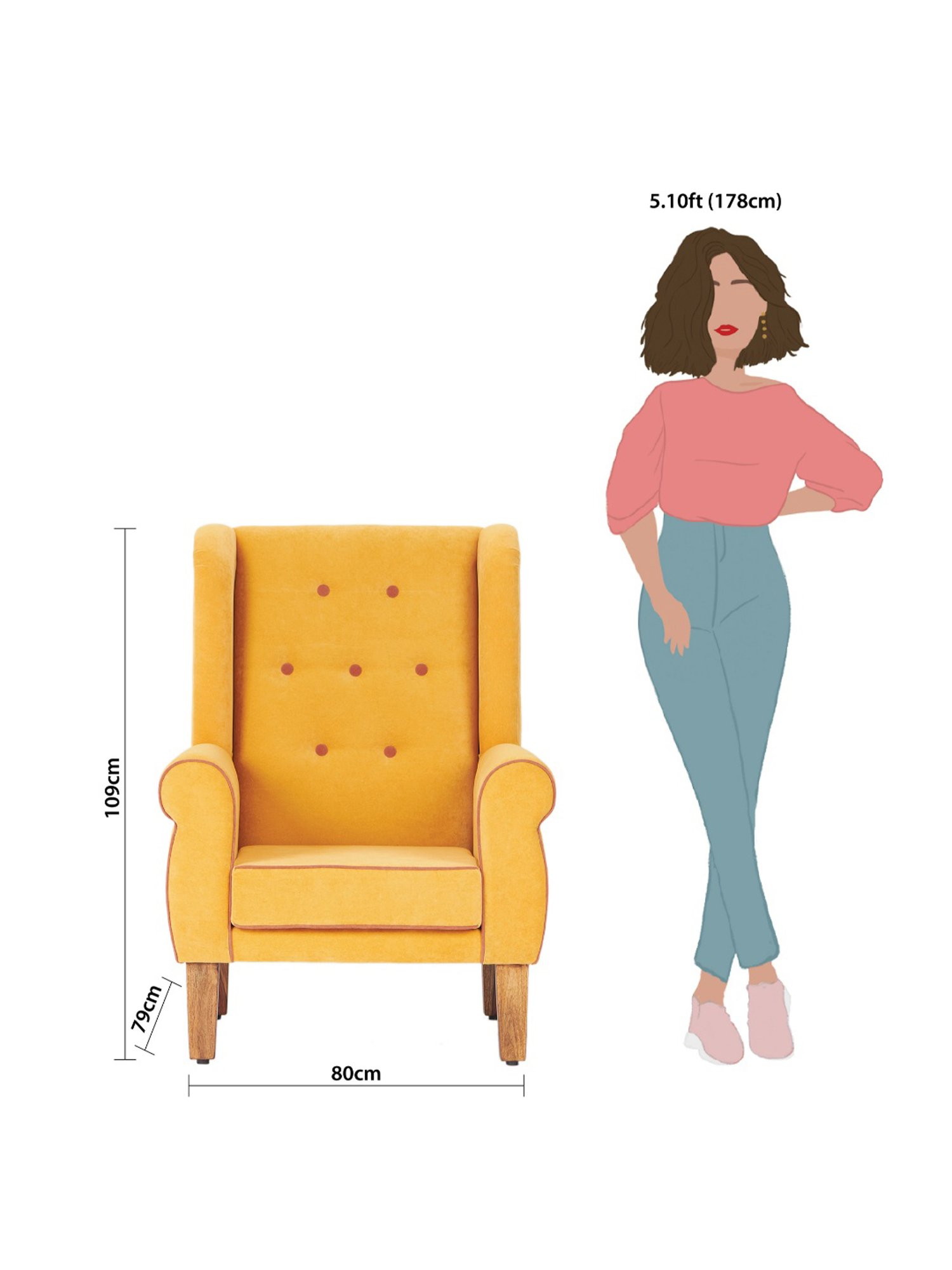 Chumbak Solid Yellow Sheesham Wood Begum Wing Chair