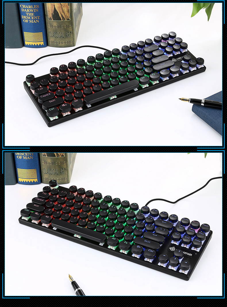 1506 RGB Mechanical Keyboard Retro Gaming Keyboard-Blue Switches-87 Key Round Keycaps RGB LED Illuminated Backlit Keyboard for PC/Mac Gamer, Typist