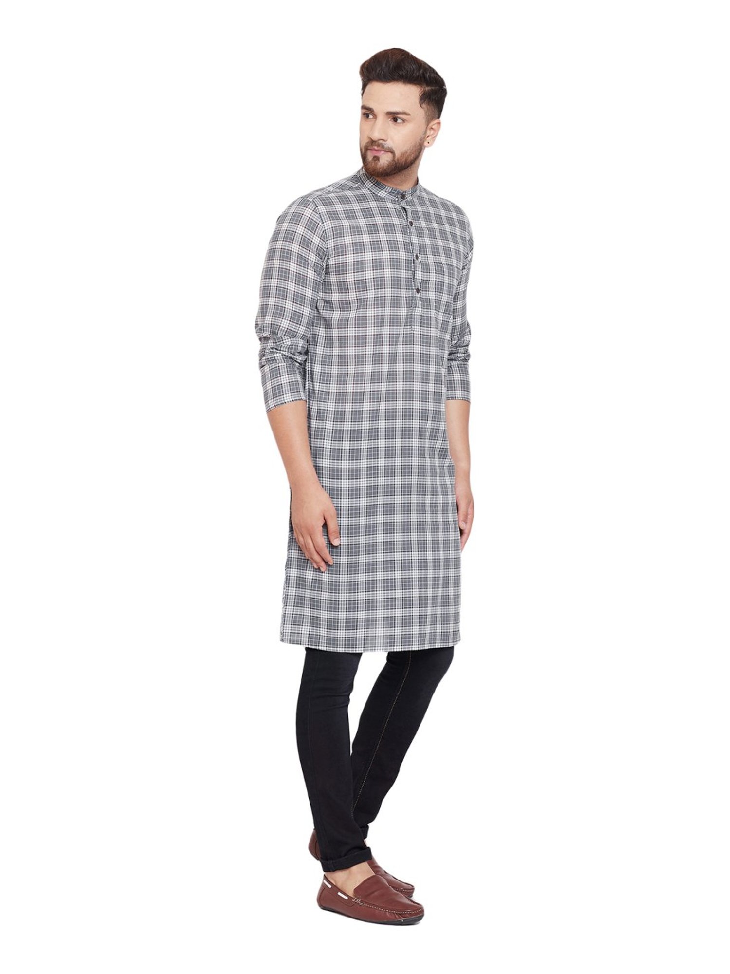 Even Grey Cotton Regular Fit Checks Kurta
