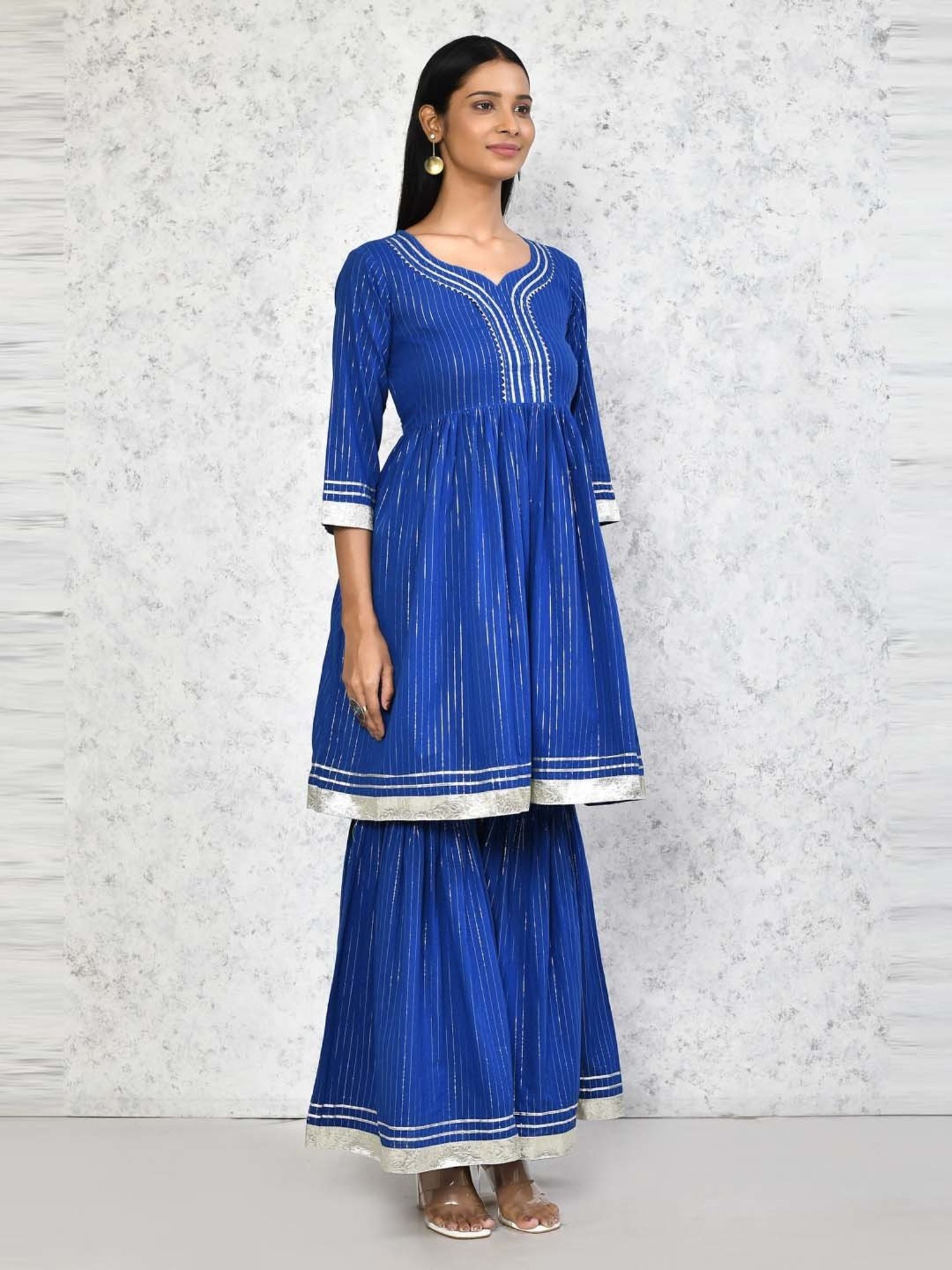 Miravan Blue Cotton Striped Kurta Sharara Set