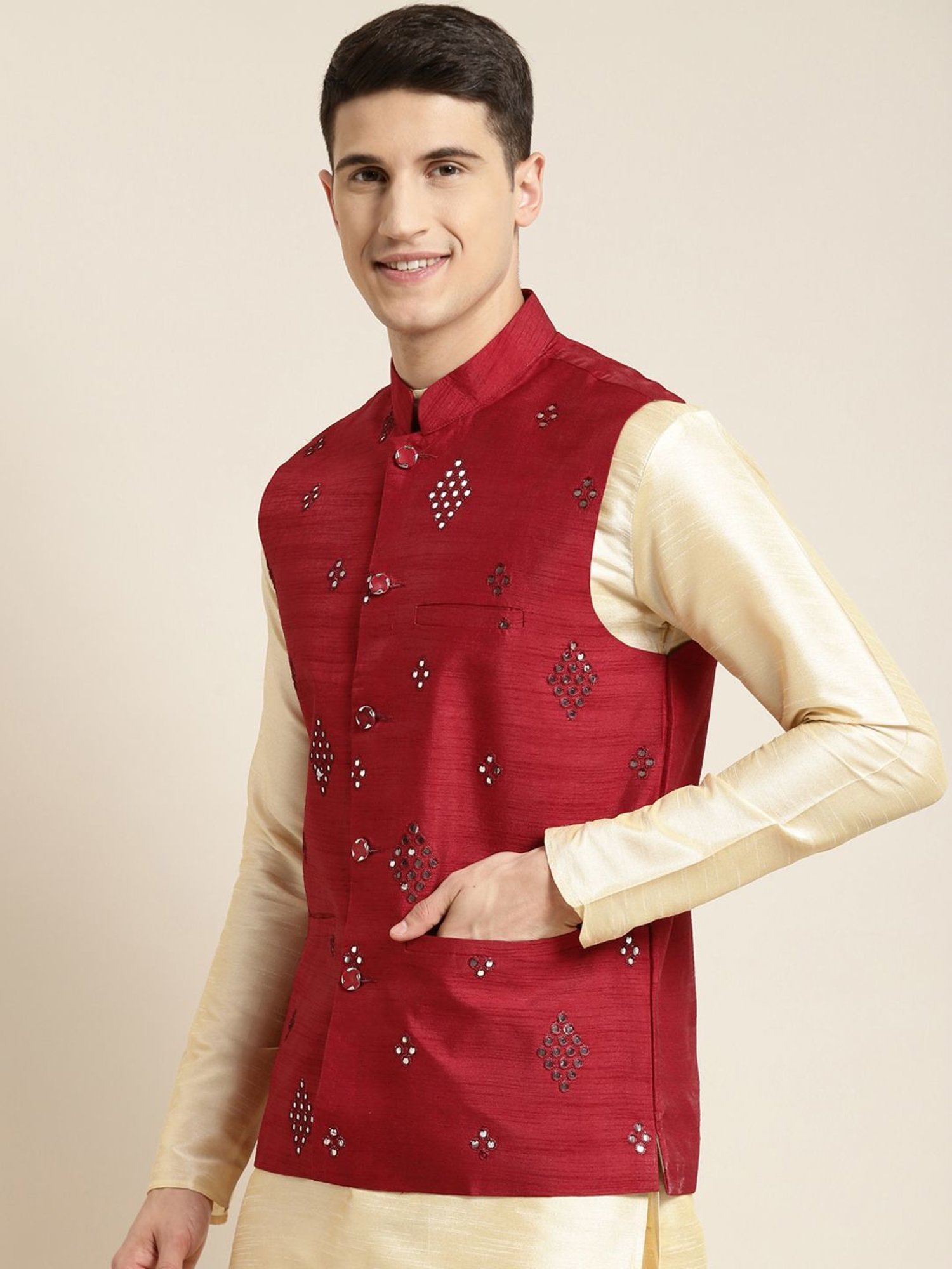 Sojanya Red Regular Fit Self Pattern Nehru Jacket