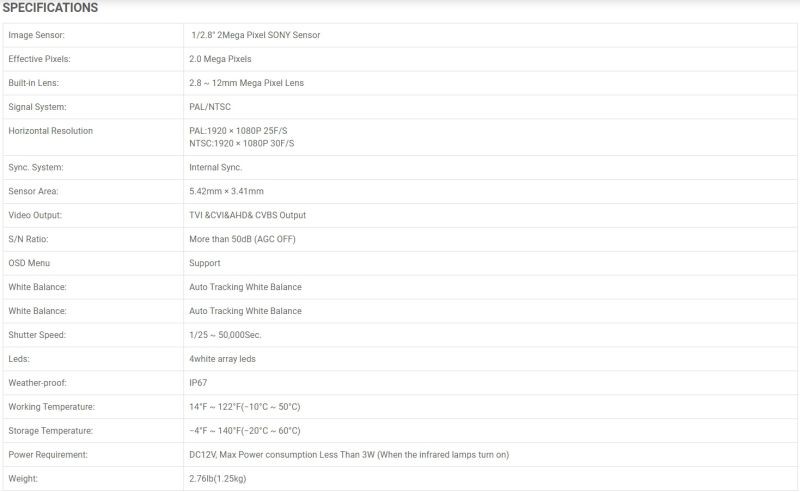 Eyemax TIR-1262VSL-B HD-TVI 1080P Outdoor Bullet Camera, 2.8-12mm, 12V DC Super Starlight