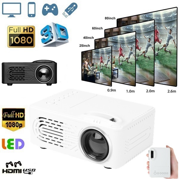 UKCOCO Mini Projector Portable 16:9 Full HD 1080p LED Screen Multimedia Movie Projector 80" Display Home Theater Cinemae w/HDMI/AV/USB Ports