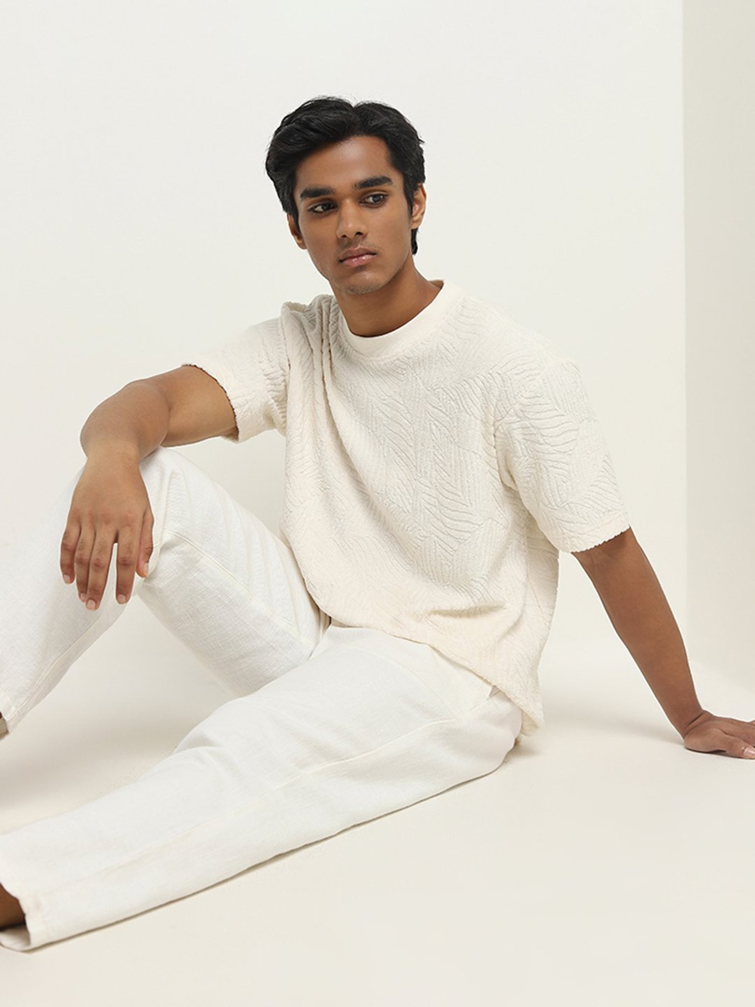 ETA by Westside Off-White Self-Textured Relaxed-Fit Cotton T-Shirt