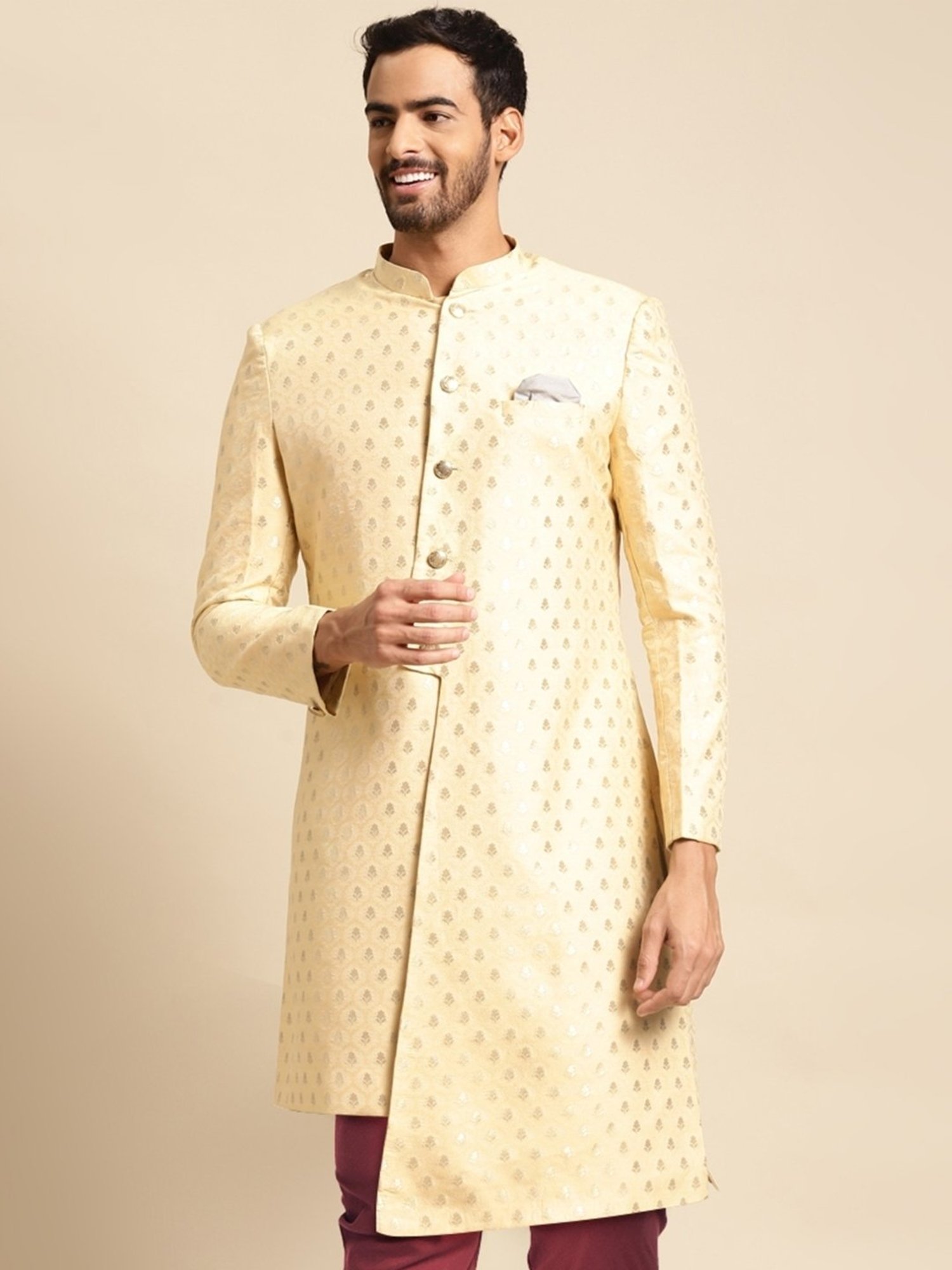 Hangup Plus Beige & Black Regular Fit Printed Sherwani Set