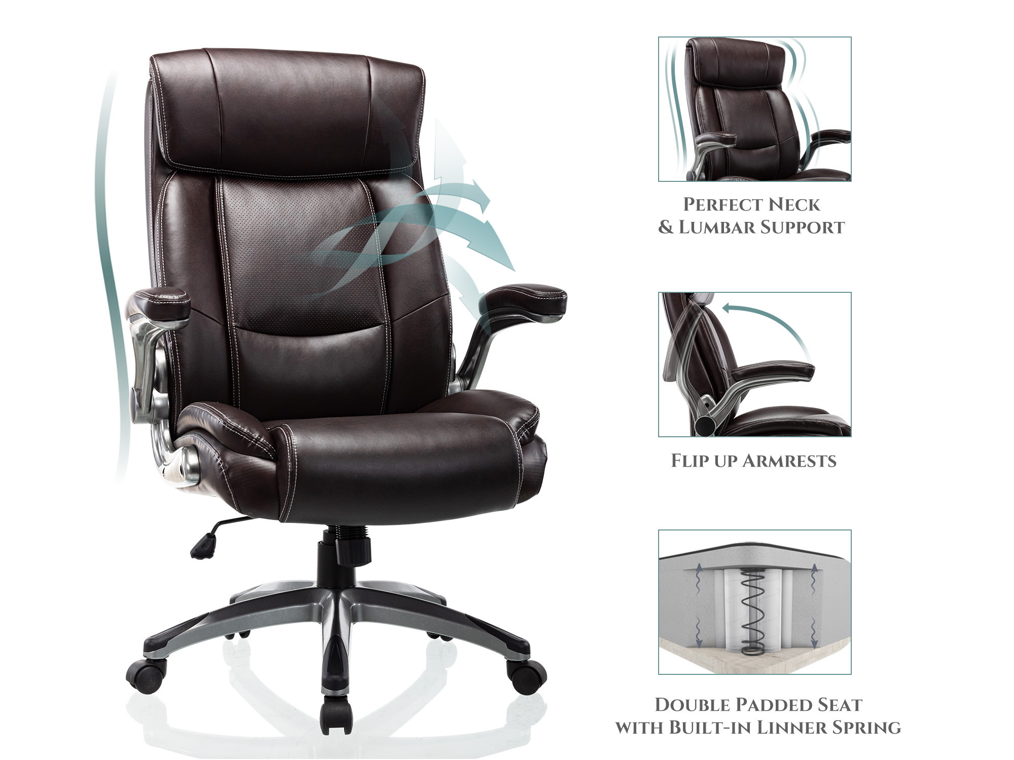 Height Adjustable High Back Computer Office Chair - Flip-Up Armrest Thick Padded Seat and Back Support, Swivel Bonded Leather Executive Task Chair
