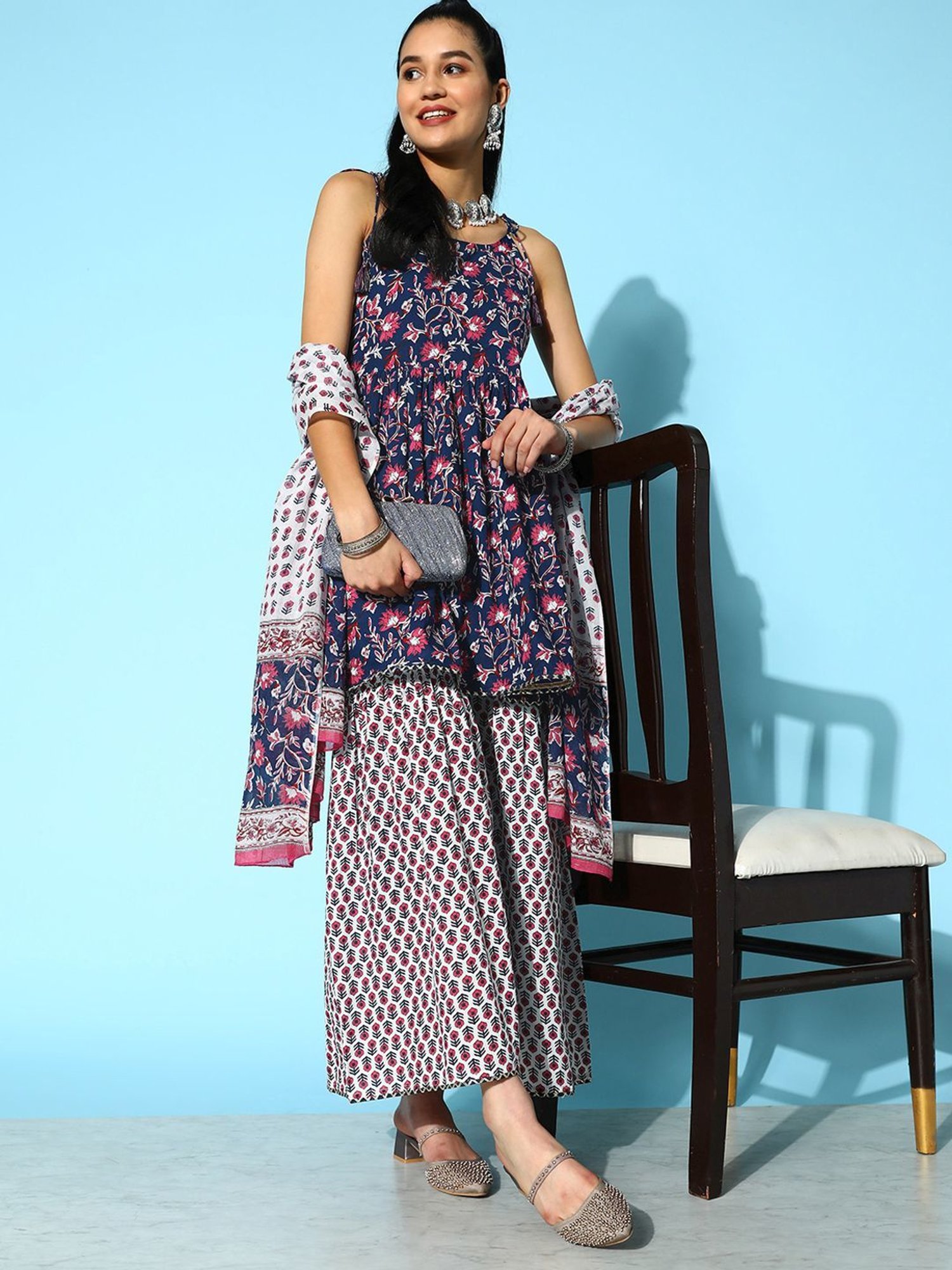 Prakrti Navy Cotton Printed Kurti Sharara Set With Dupatta