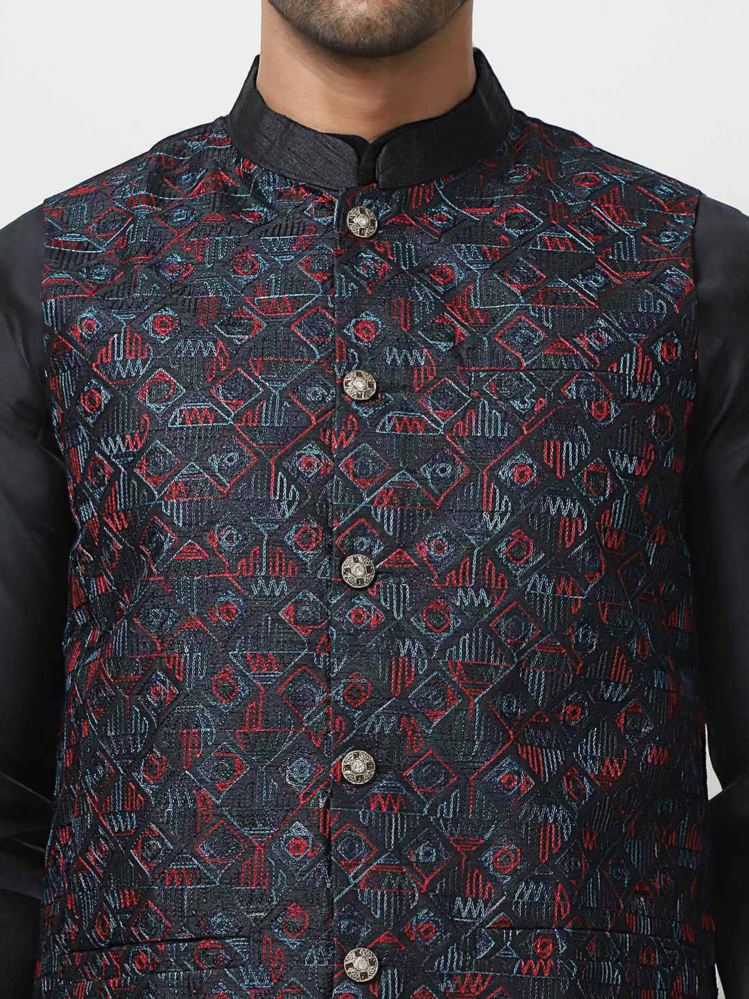 Jompers Navy Regular Fit Embroidered Nehru Jacket
