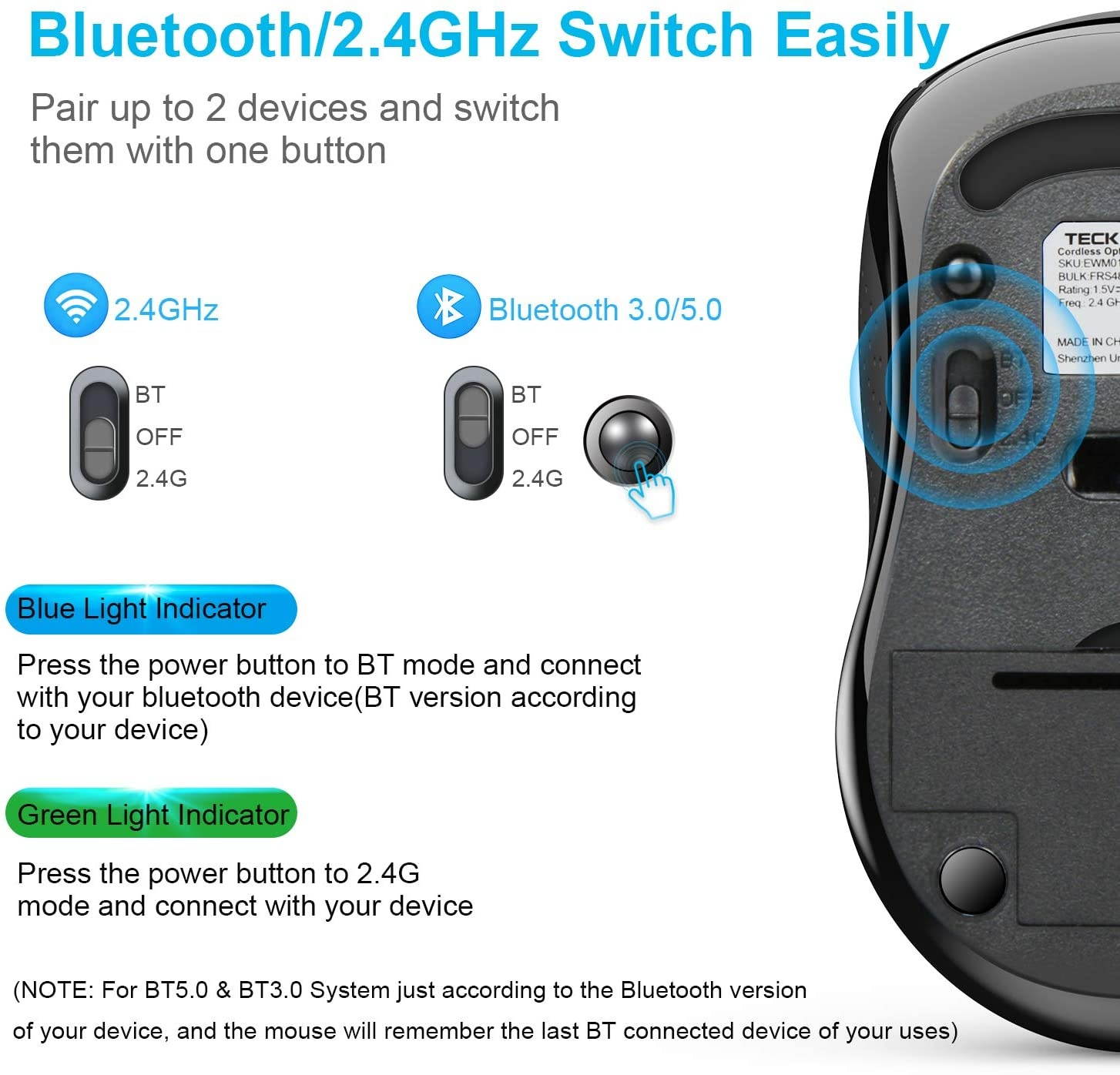 Bluetooth Wireless Mouse, TeckNet 3 Modes Bluetooth 5.0 & 3.0 Mouse 2.4G Wireless Portable Optical Mouse with USB Nano Receiver, 2400 DPI for Laptop, MacBook, PC, Windows, Android, OS System (Black)