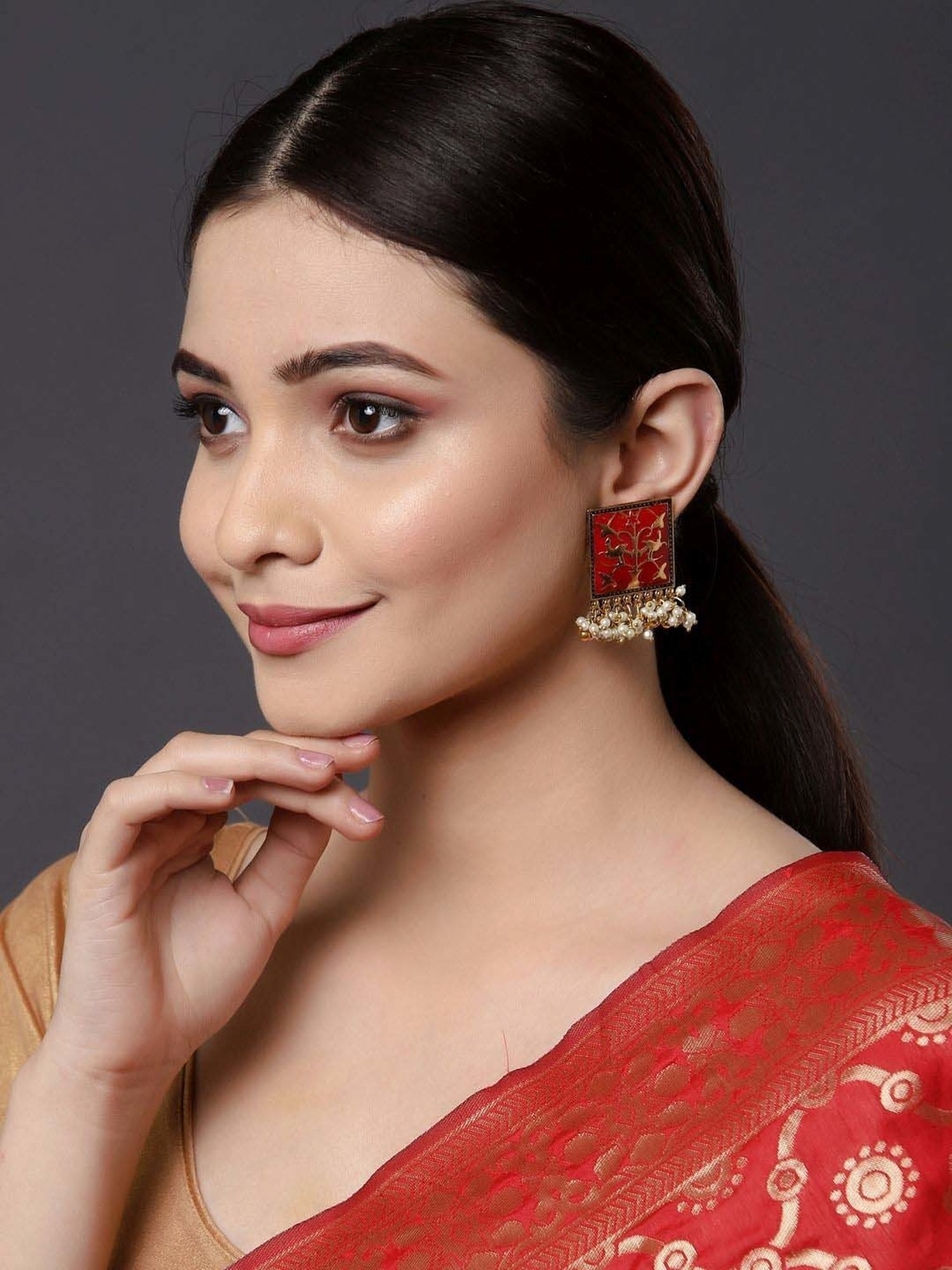 Panash Red Gold-Plated Meenakari Square Shaped Stud Earrings
