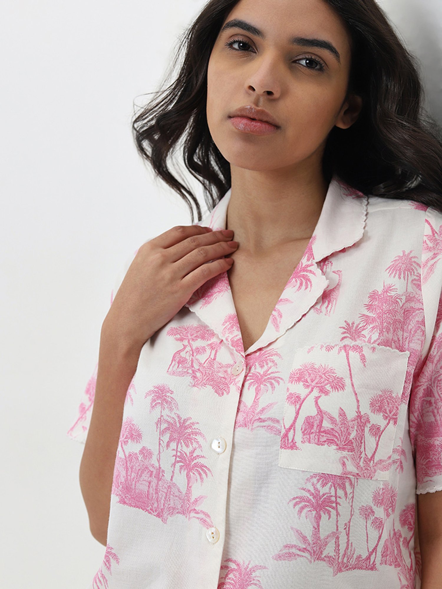 Wunderlove by Westside Pink Printed Cotton Shirt with Pyjamas Set