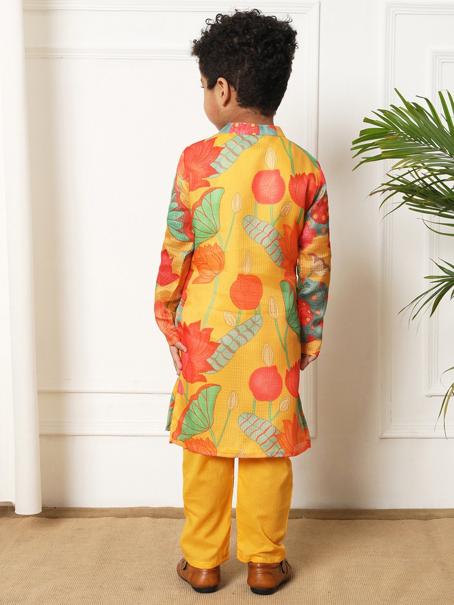 READIPRINT FASHIONS Kids Yellow & Coral Printed Full Sleeves Kurta with Pyjamas