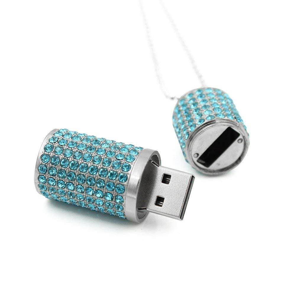 WooTeck USB Flash Drive,Bling Rhinestone Diamond Crystal Glitter Lipstick Case Shining Jewelry Necklace,64GB,Lake Blue