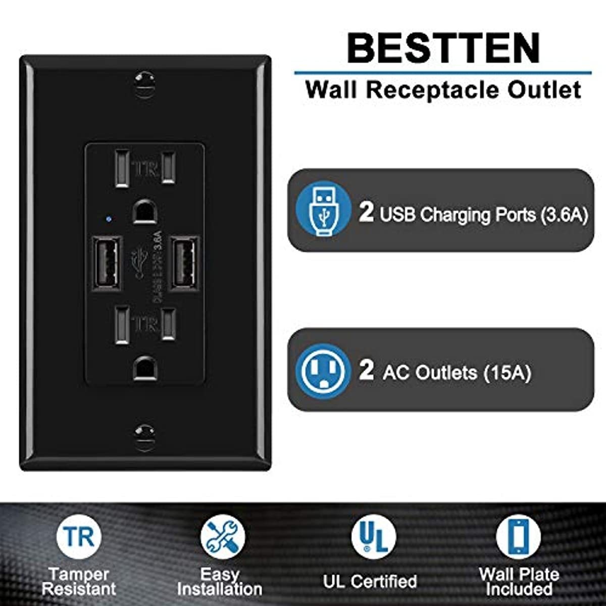 [5 Pack] BESTTEN Black USB Wall Receptacle with 15 Amp Tamper-Resistant Outlet, 3.6A Dual USB Charging Ports, UL Listed