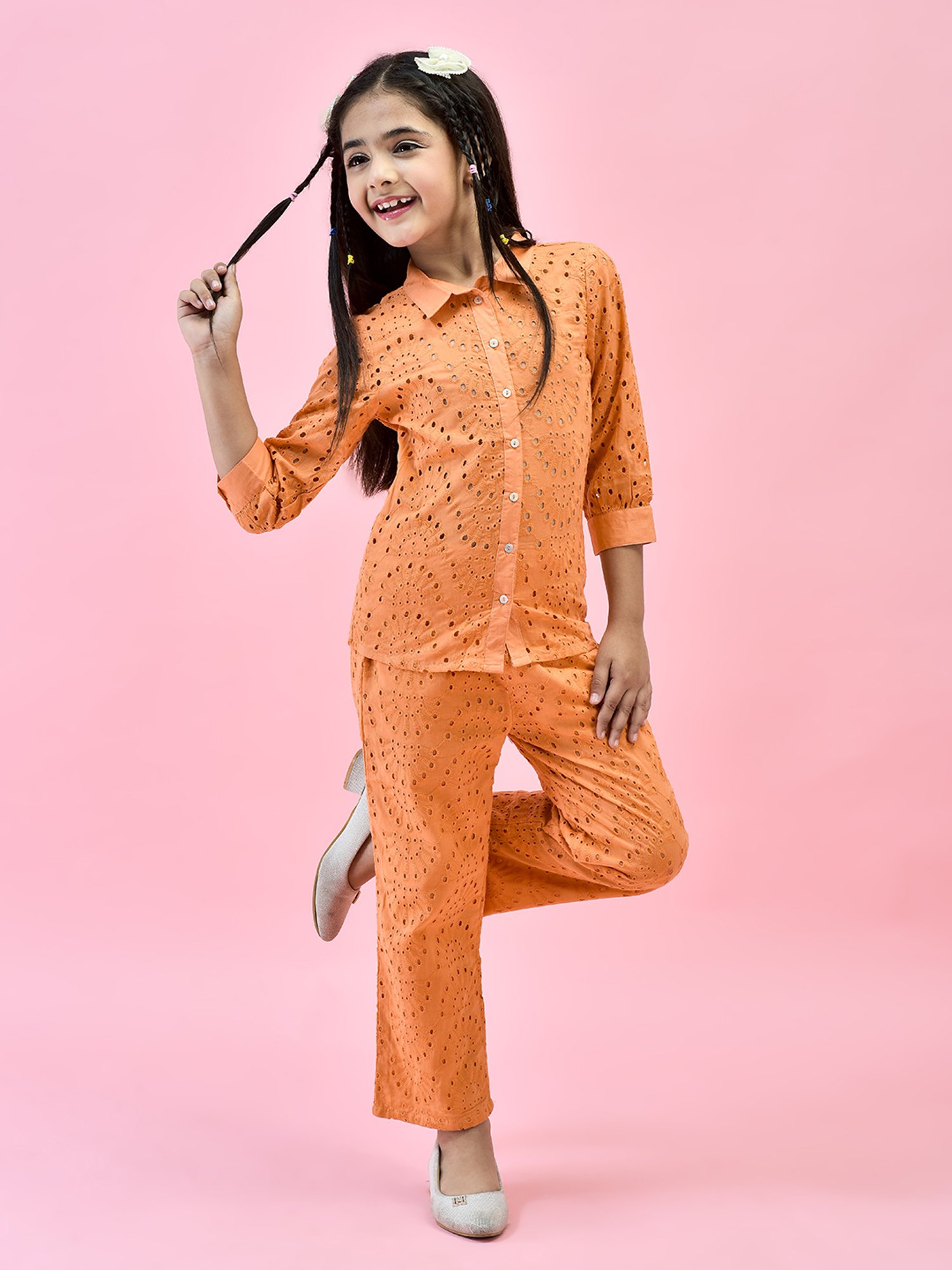 Juniper Girls Orange Self Design Shirt With Pants