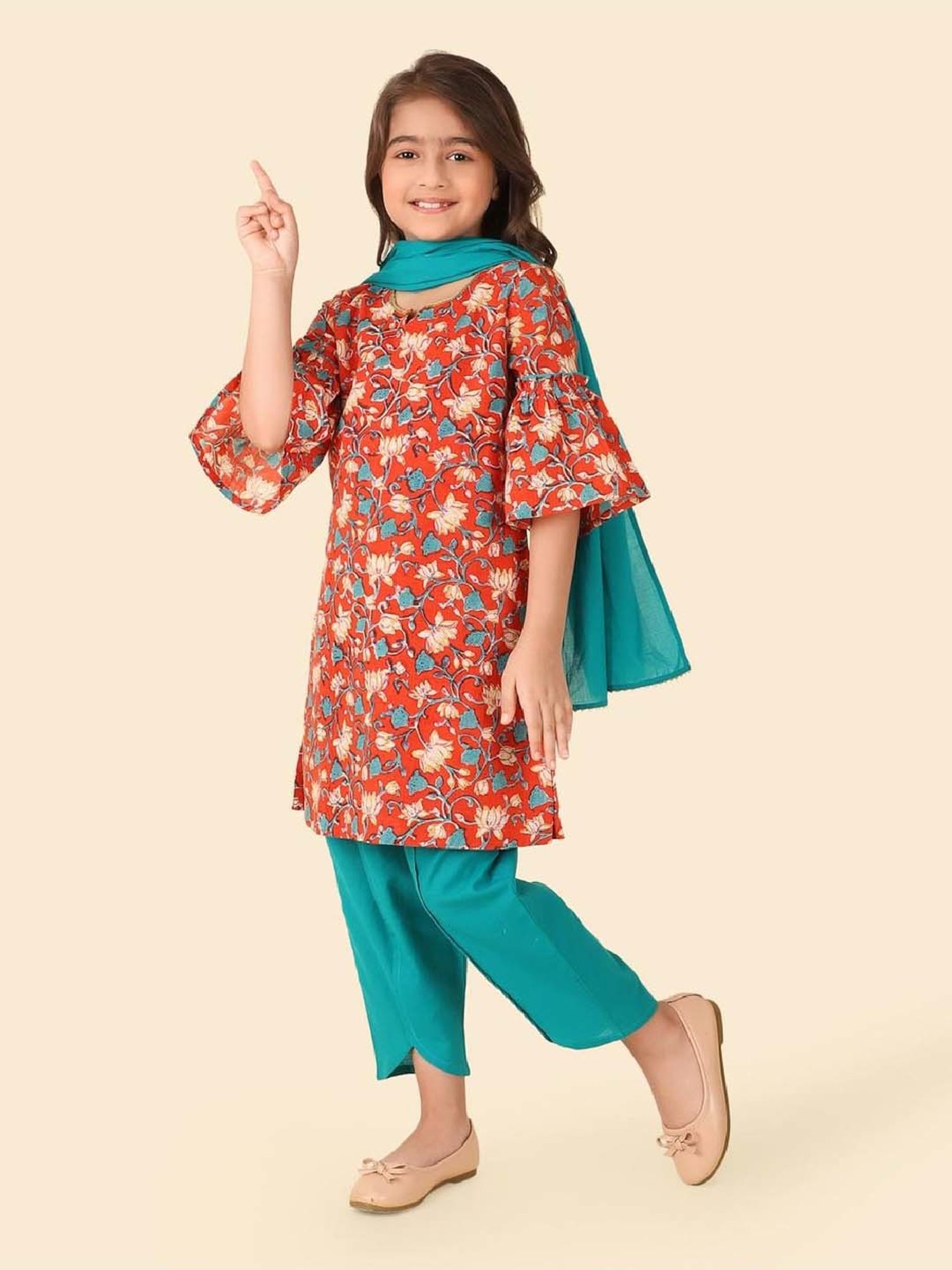 Fabindia Girls Rust & Blue Cotton Printed Salwar Set