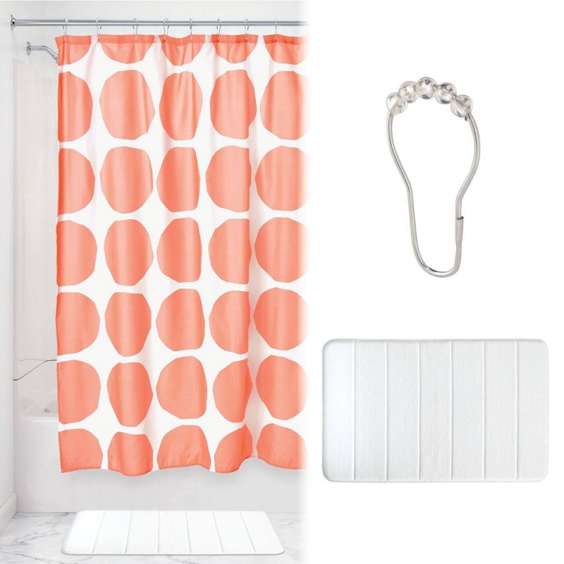 Dot Shower Curtain with Memory Foam Mat and Ring Bundle Coral/White - iDESIGN
