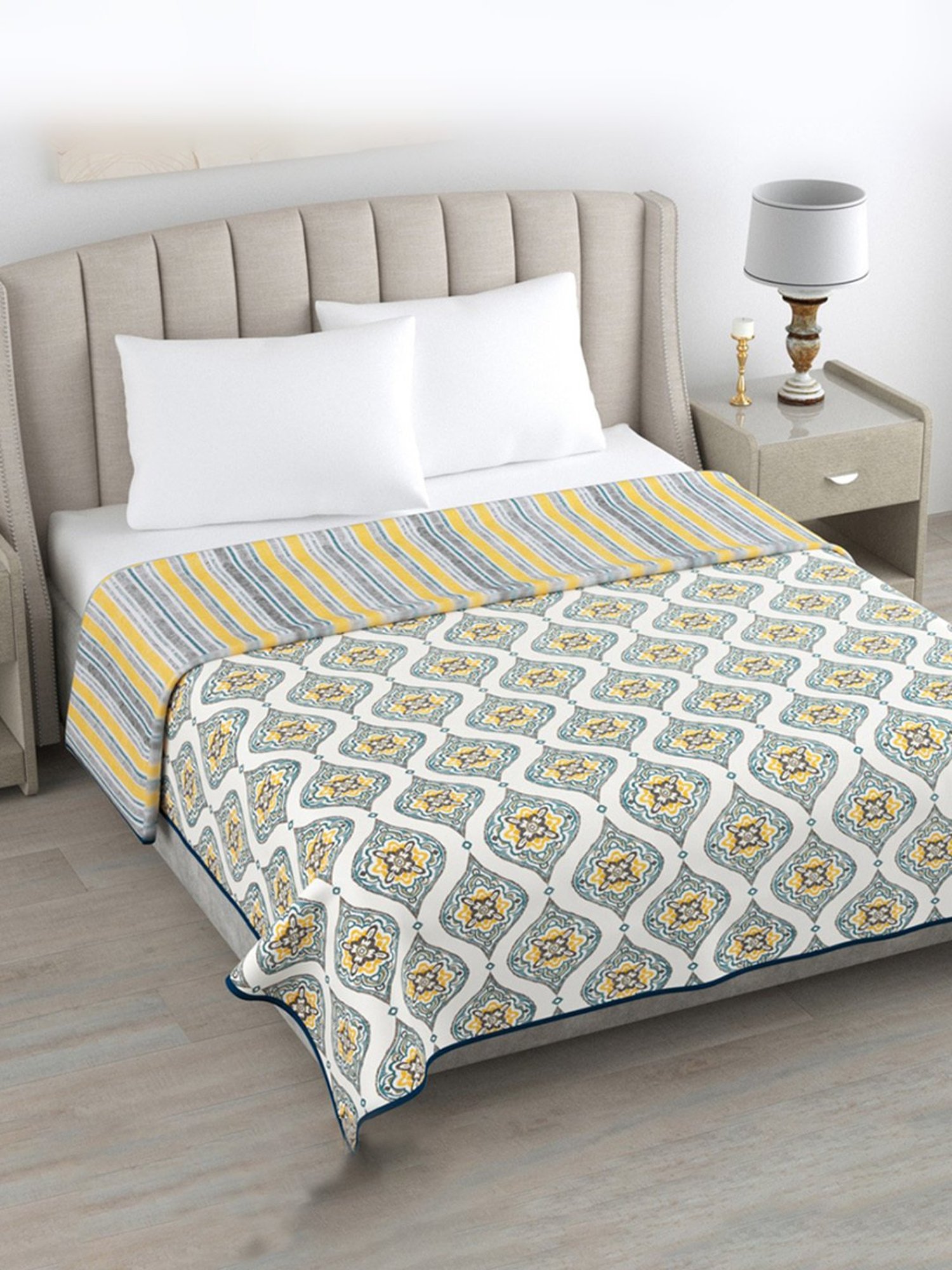 Haus & Kinder Cambric Floral Green & Yellow Cotton Single Reversible Dohar