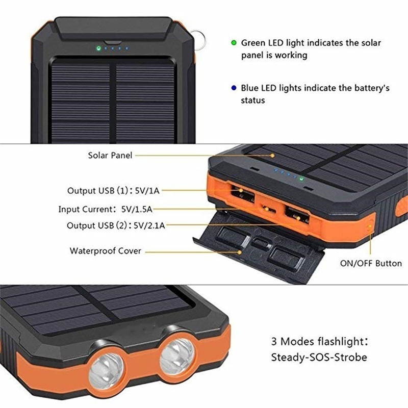 2021 the Lastest 10000mAh Solar Waterproof Power Bank With Dual USB SOS LED FlashLights Battery Pack For All Type Phones