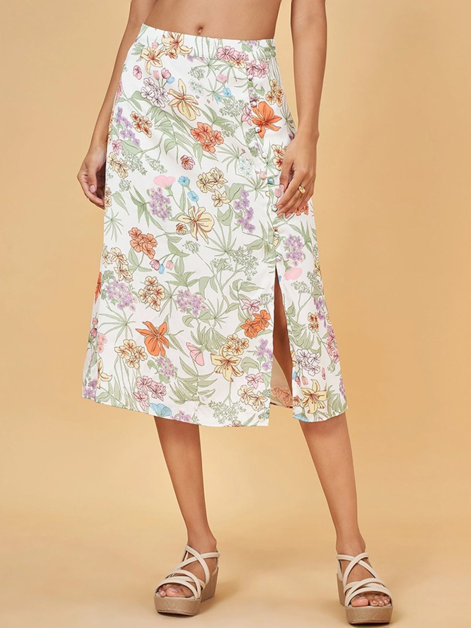 Honey by Pantaloons White Floral Print A-Line Skirt