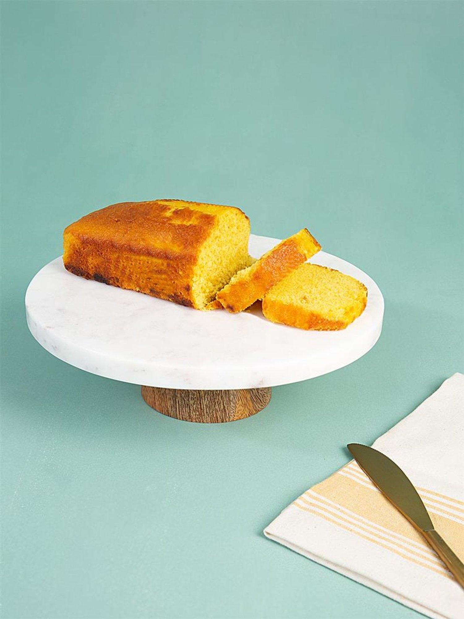 Ellementry White & Brown Marble Cake Stand with Wood Base - Set of 1