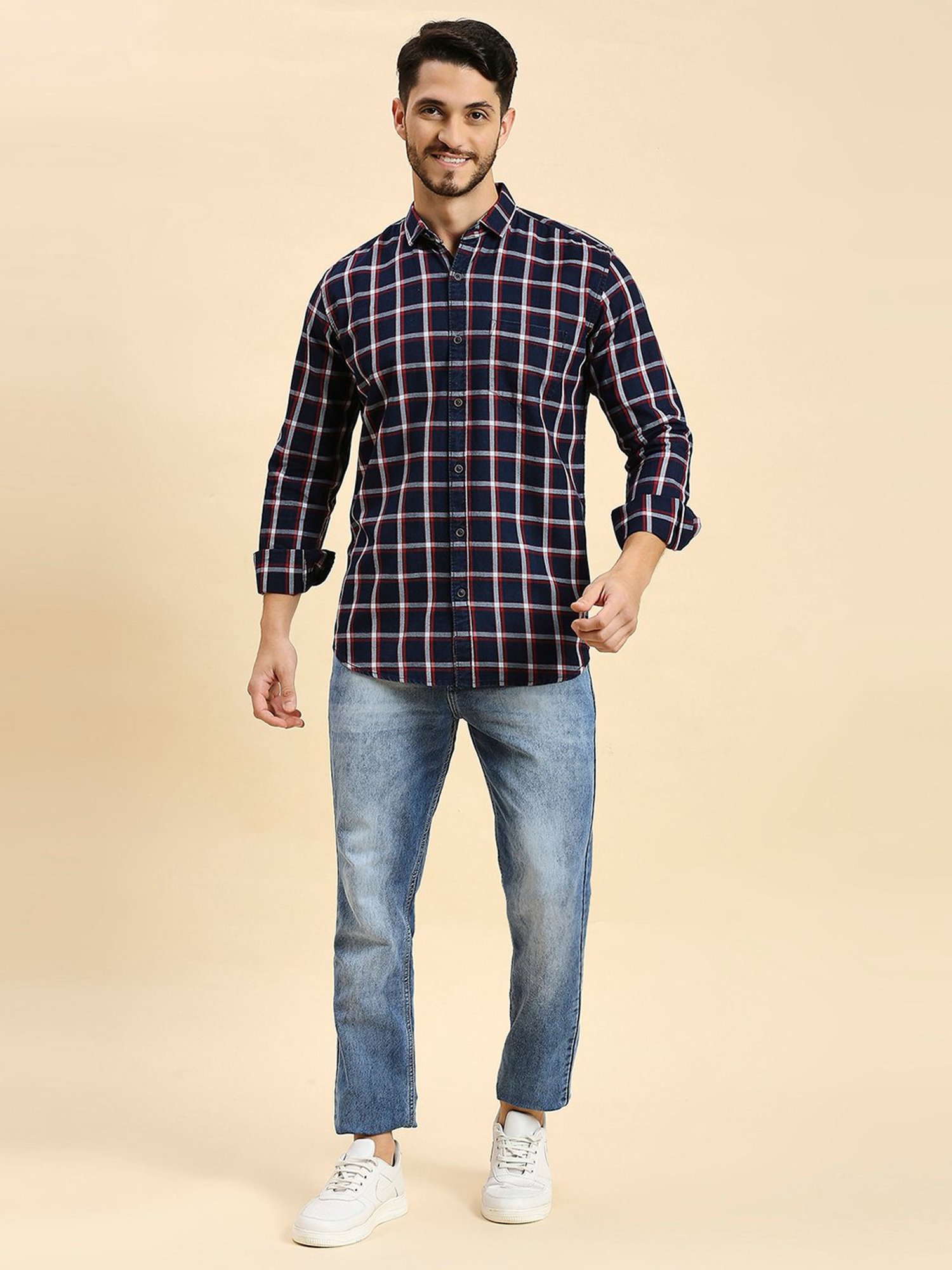 HJ HASASI Navy Slim Fit Check Cotton Shirt