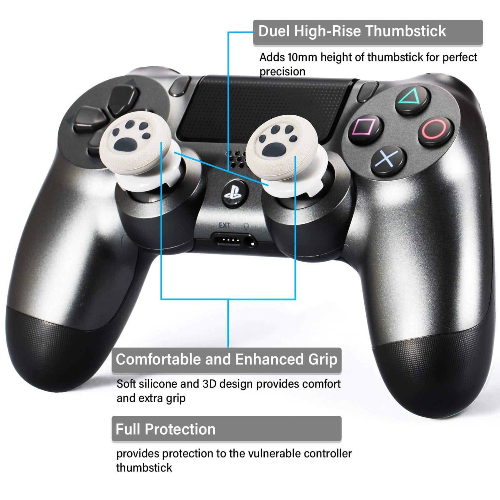 FPS Thumbstick Extender & 3D Texture Rubber Silicone Grip Cover 2 Sets for PS5 Dualsenese & PS4 Controller (Cat Paw Grey)