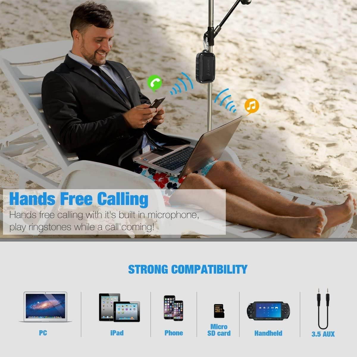 Waterproof Bluetooth Speakers V5.0,Portable Wireless Speaker for Outdoor,10W,10H Playtime,for PC Tablet Laptop Computer,All Andriod iPhone Cell Phone,Perfect for Hiking,Camping,Cyclying Sports (BLACK)