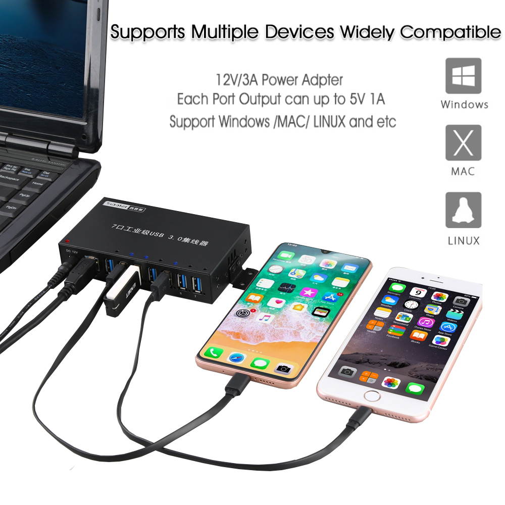 Aluminum 7 Ports USB 3.0 Charger Hub Multi Port USB Splitter With 12V 3A Power Adapter LED Indicator Bracket A-173 1.0M date cable with us plug adapter