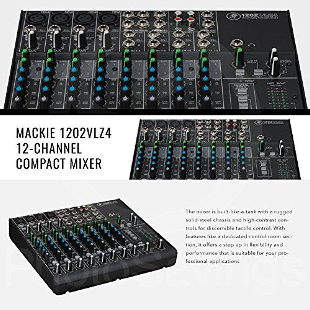 Mackie 1202VLZ4 12-Channel Compact Mixer and Accessory Bundle w/ Closed-Back Headphones, 6X Cables, and Fibertique Cloth