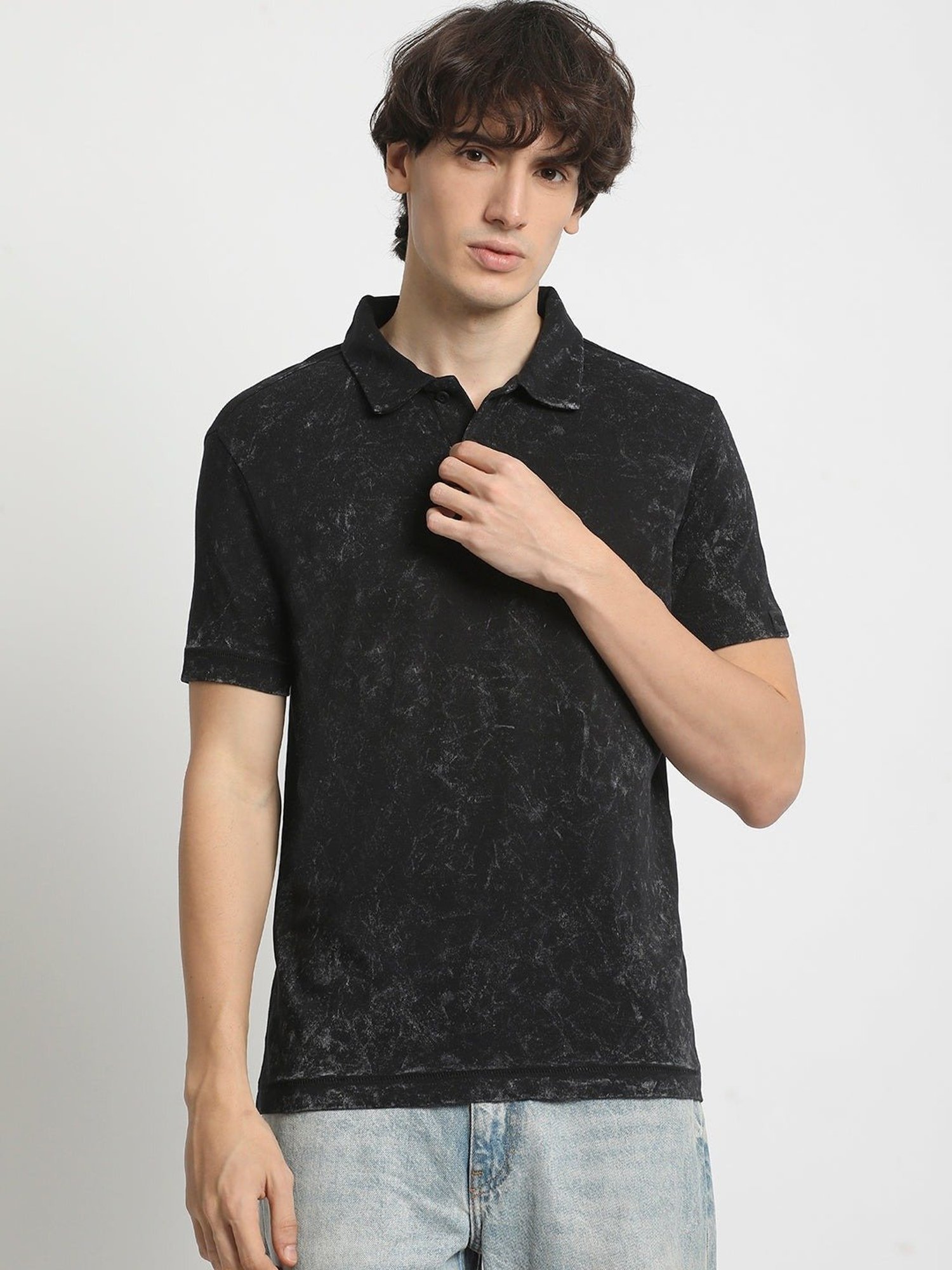 The Bear House Black Cotton Regular Fit Printed Polo T-Shirt