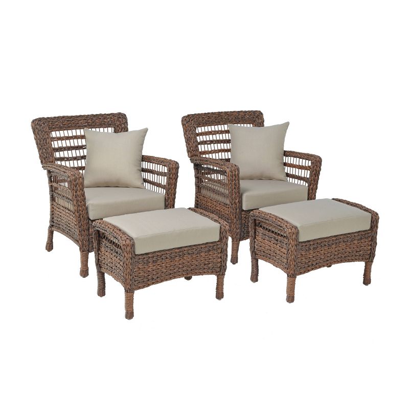 4pc Modern Concept Faux Sea Grass Resin Rattan Set with 2 Armchairs & 2 Ottomans - W Unlimited