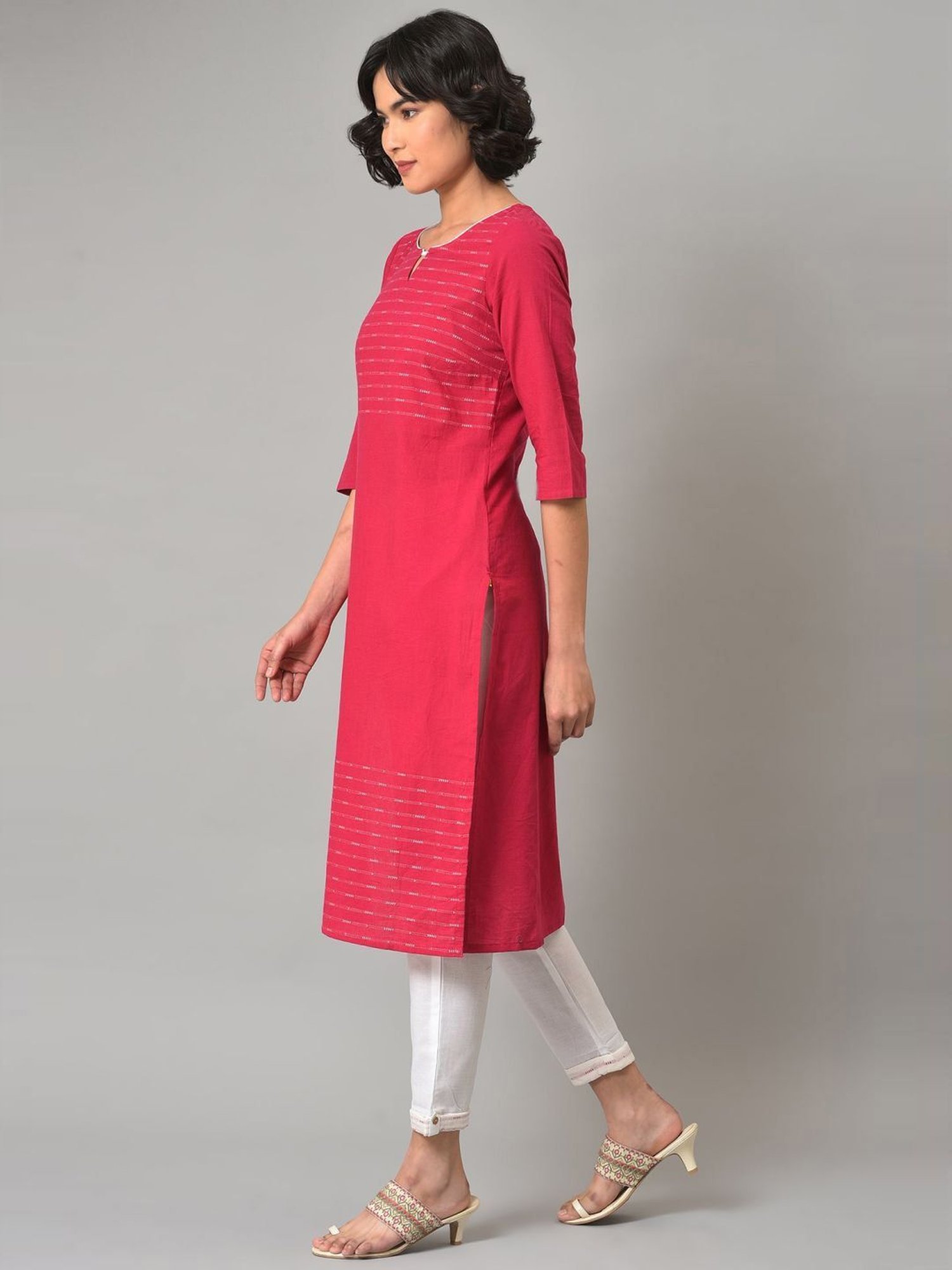 Aurelia Maroon & White Cotton Woven Pattern Kurta Pant Set