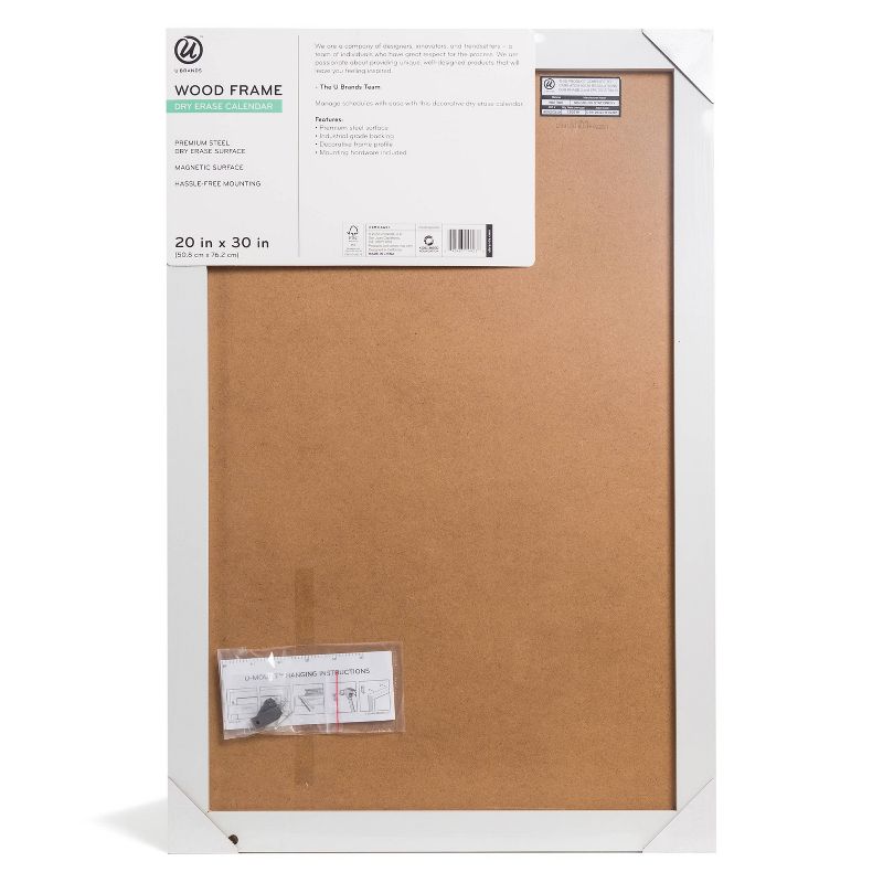 U Brands 20"x30" Dry Erase Magnetic Calendar Board White Frame
