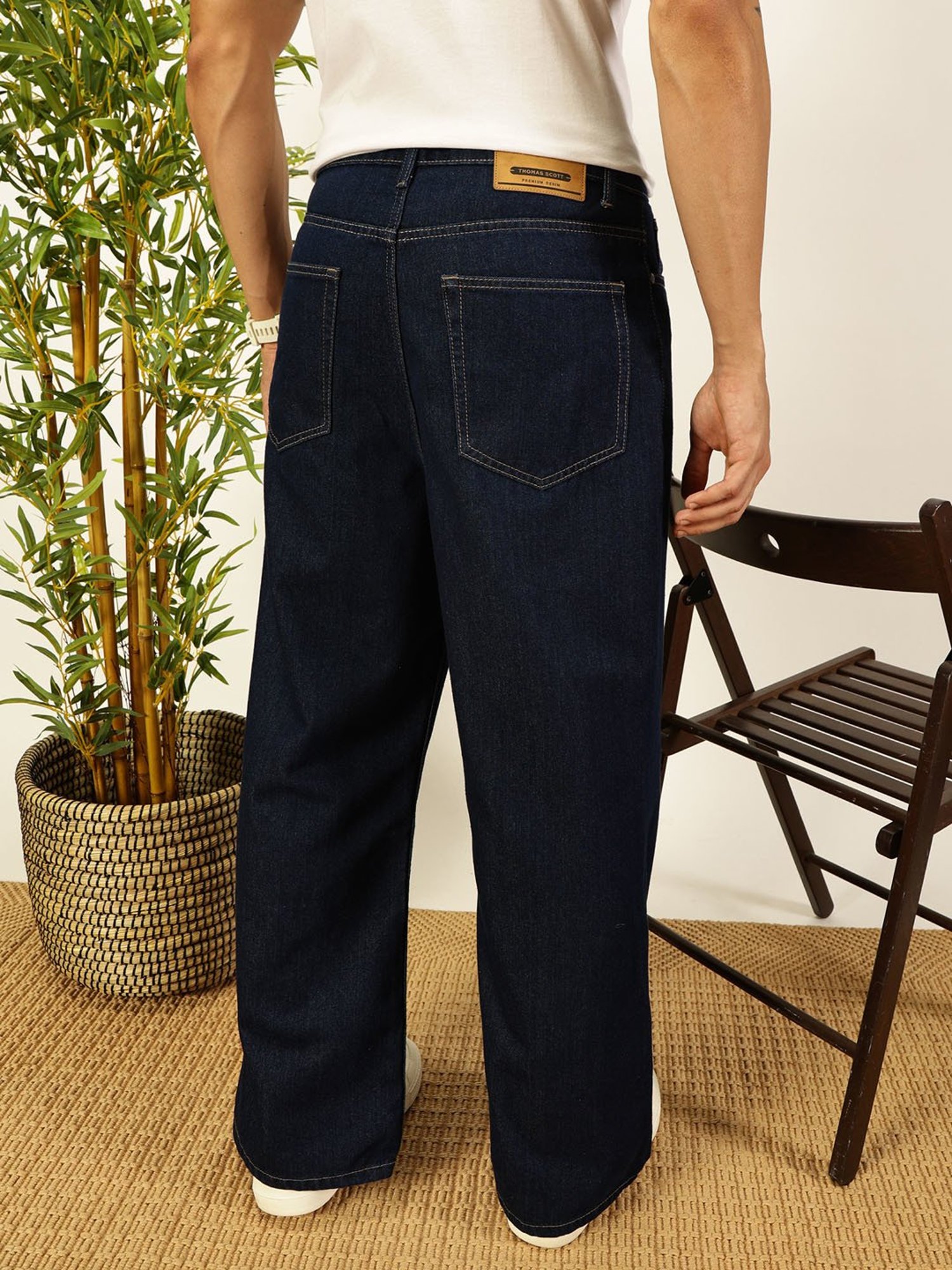 Thomas Scott Dark Blue Cotton Loose fit Solid Jeans