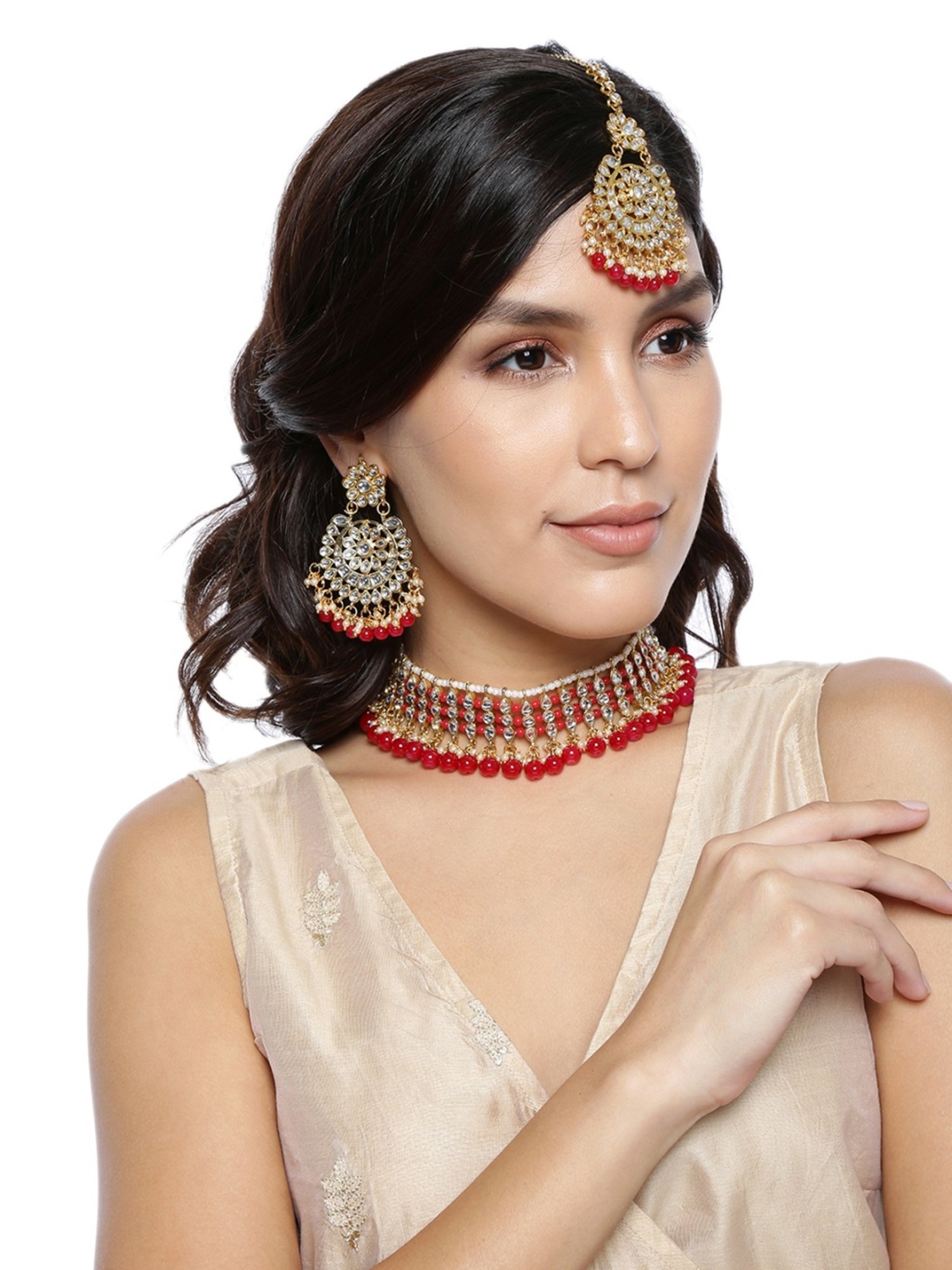 Zaveri Pearls Gold And Red Ethnic Choker Necklace Earring Maangtikka Set-ZPFK9010