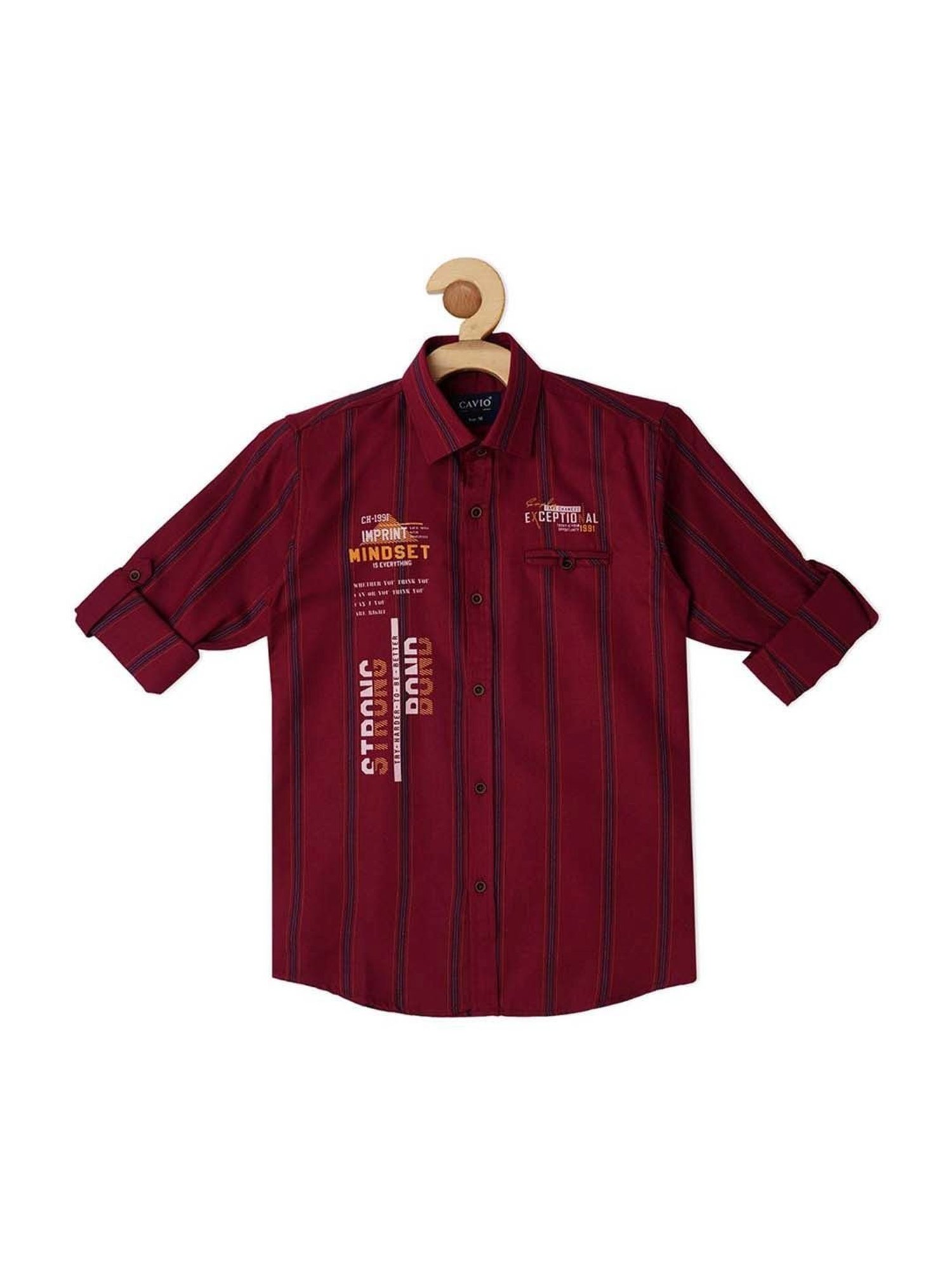 Cavio Kids Maroon Cotton Striped Full Sleeves Shirt