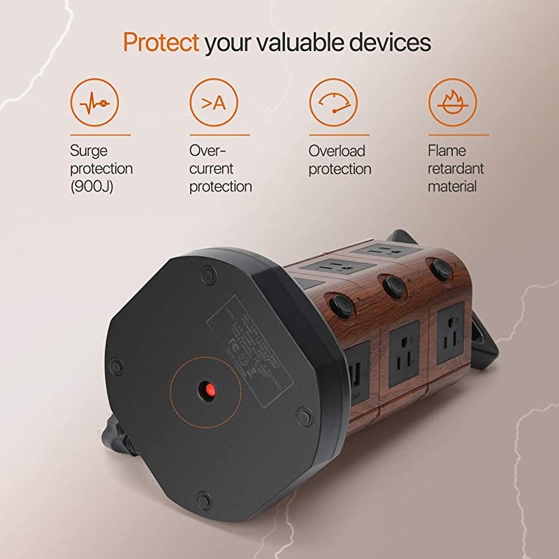 Power Strip Tower Surge Protector with 6.5ft Extension Cord 4 USB Ports and 10 AC Outlets Electric Charging Station for Home Office Dorm Desktop Computer Walnut and Black