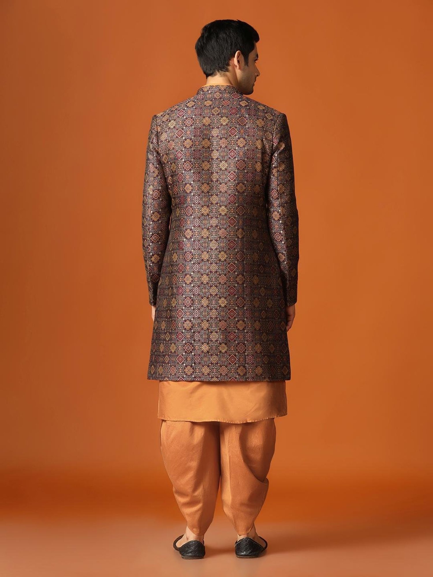 KISAH Mid Maroon Regular Fit Self Pattern Sherwani Set