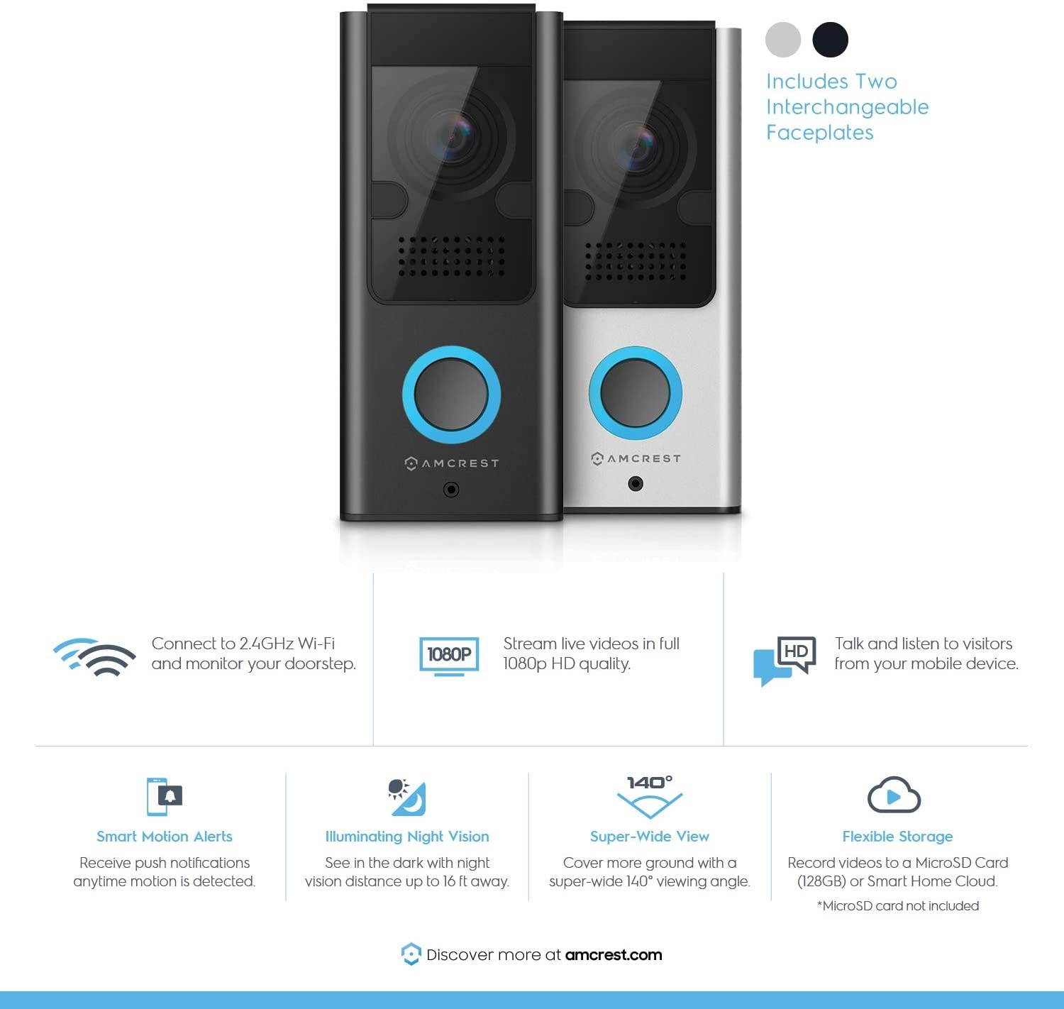 Amcrest Video Doorbell Camera, 2.4 GHz Wi-Fi Doorbell Camera, IP55 Weatherproof, Two-Way Audio, 140&ordm; Wide Angle, AD110